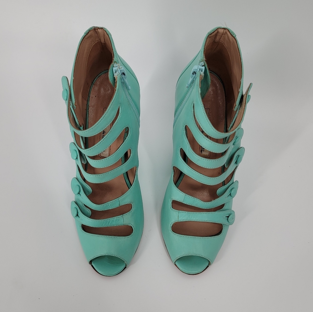 Oscar de la Renta Blue Strappy Dakota Nappa Wedge Sandals Size 35.5 - Picture 2 of 14
